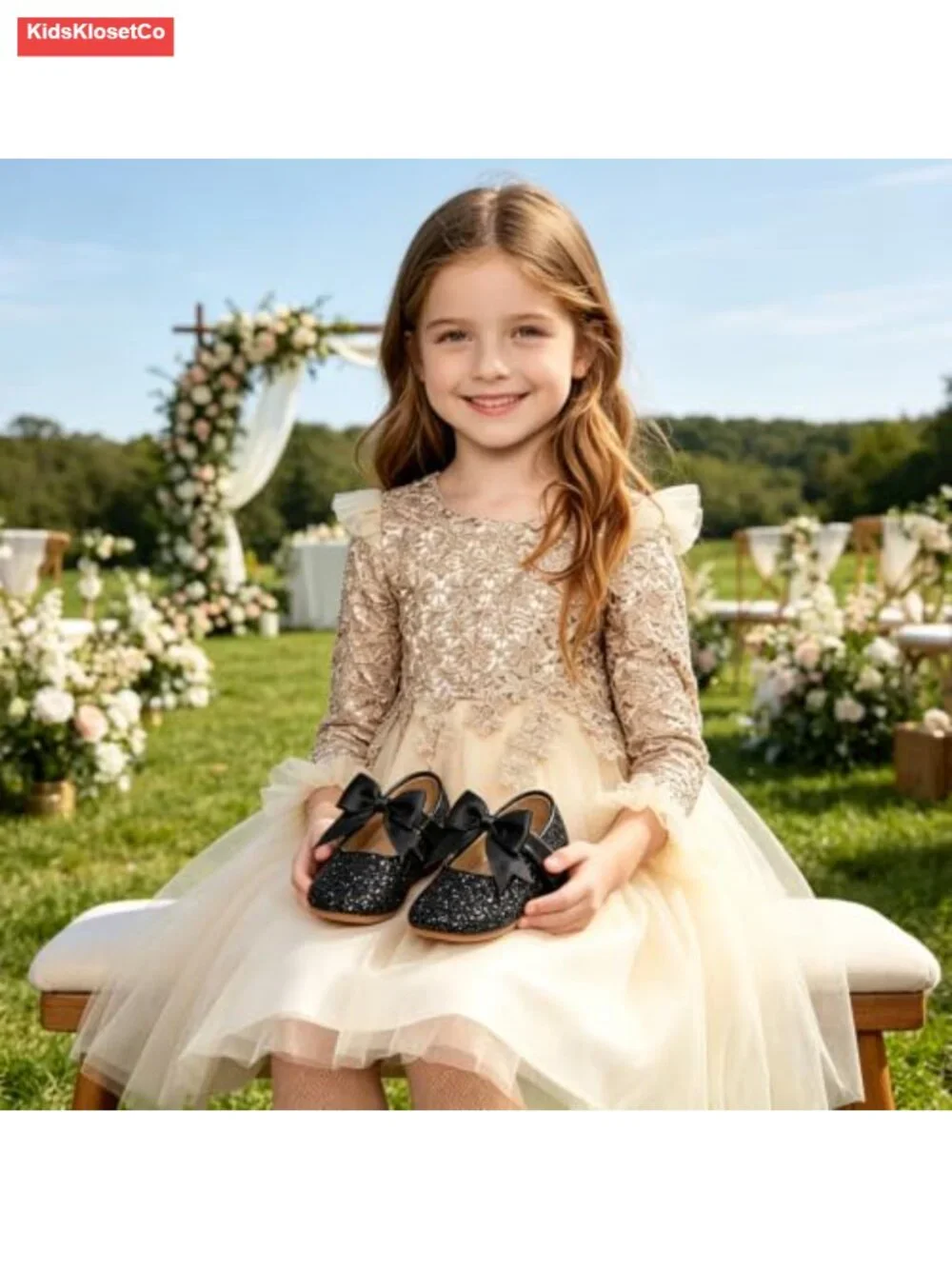 Girls Toddler Mary Jane Princess Dress Shoes - Ballet Flats with Bow, Non-Slip